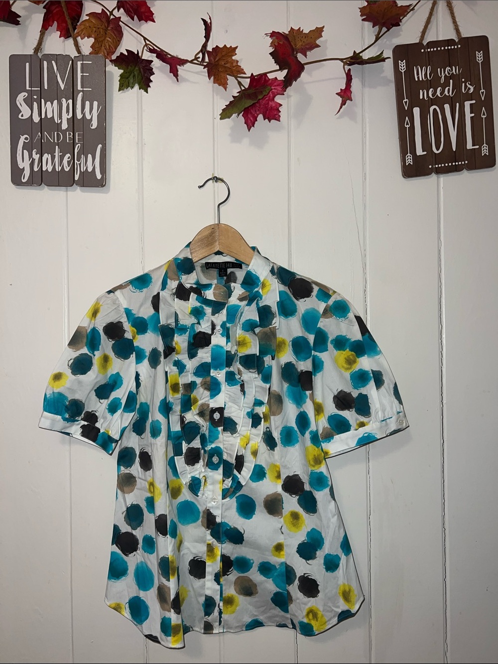❤️ lafayette 148  Teal & Yellow Polka Dot Short-Sleeve Shirt